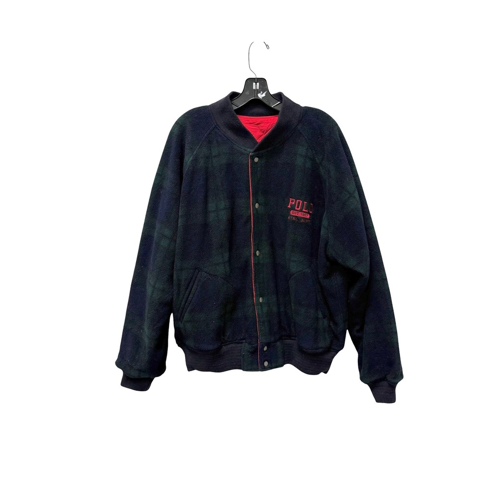 VTG Polo Ralph Lauren Reversible Bomber Jacket Mens L Black Watch‎ Plaid Fleece